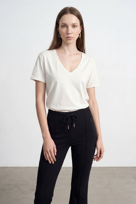 Baumwolle Tencel V-Ausschnitt Kurzarm-Bluse - Image 1