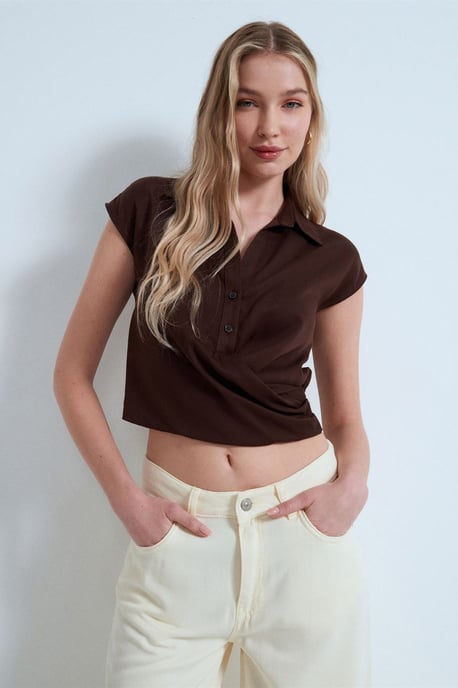 Dilvin Crop-Tencel-Poplin-Bluse - Braun - Image 3
