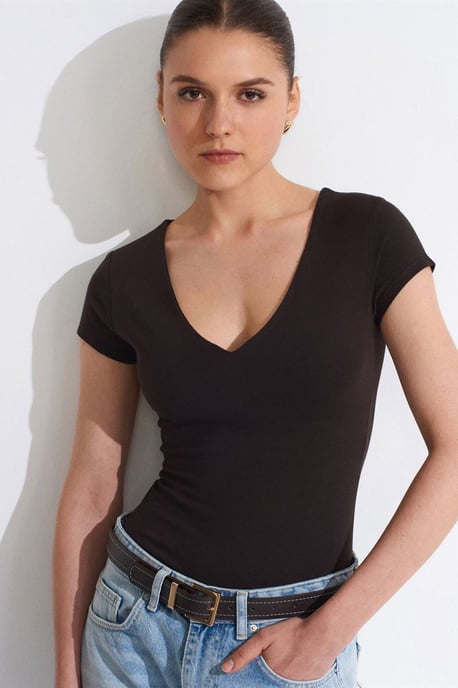 Schmale Passform V-Ausschnitt Strickbluse - Image 3