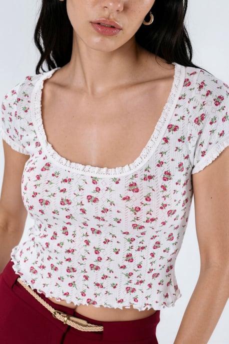 Blumen-U-Ausschnitt Rüschenbluse - Image 3