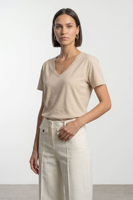 Baumwoll-Tencel V-Ausschnitt Kurzarm-Bluse - Image 1