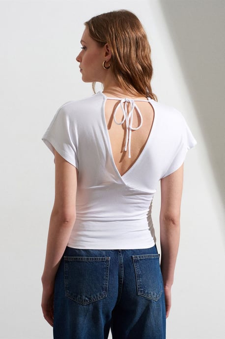 Schlanke Passform V-Ausschnitt Bluse mit Krawatten Detail - Image 2