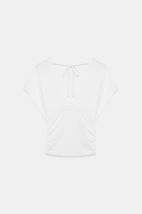 Schlanke Passform V-Ausschnitt Bluse mit Krawatten Detail - Image 5