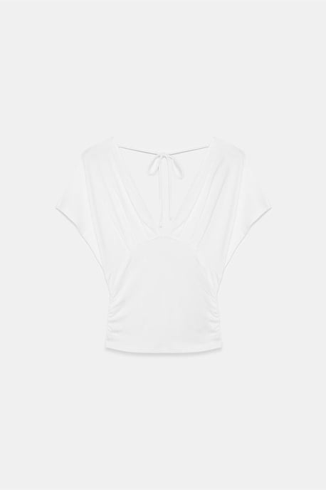 Schlanke Passform V-Ausschnitt Bluse mit Krawatten Detail - Image 6