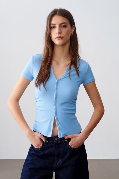 Slim Fit V-Ausschnitt Knöpfen Bluse - Image 1