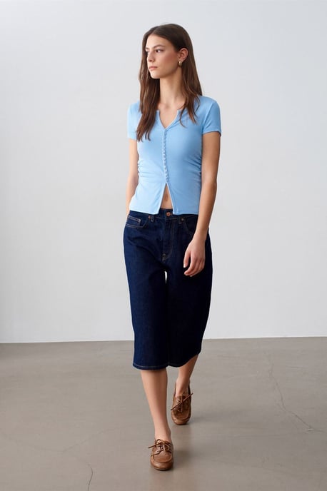 Slim Fit V-Ausschnitt Knöpfen Bluse - Image 4
