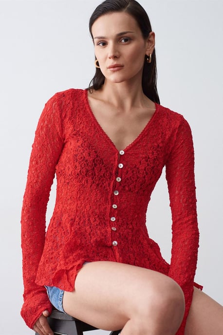 Spitzen V-Ausschnitt Knopf-Cardigan - Image 1