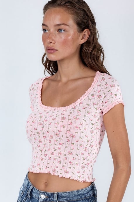 Blumen U-Ausschnitt Rüsche Bluse - Image 1