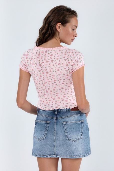 Blumen U-Ausschnitt Rüsche Bluse - Image 4