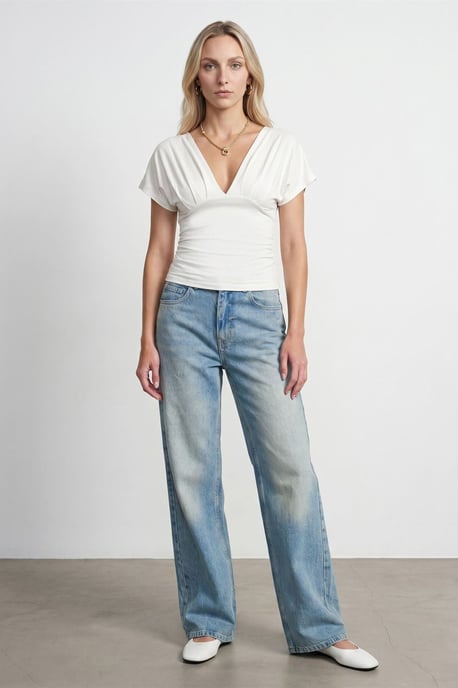 Schlanke Passform V-Ausschnitt Bluse mit Krawatten Detail - Image 2