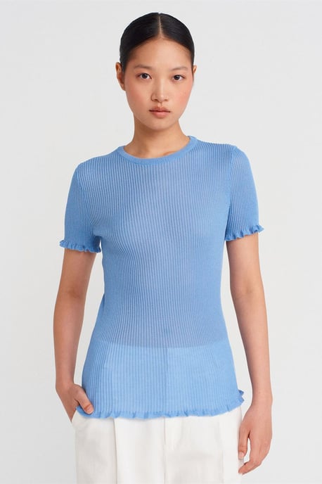 Schlanke Passform Ripp-Volant-Bluse - Image 1