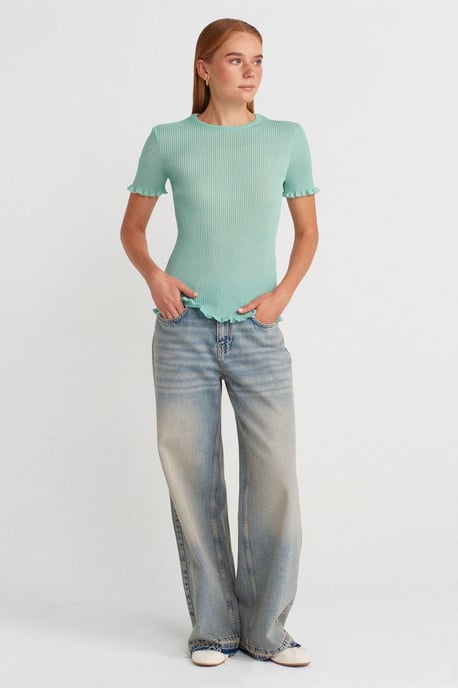 Schlanke Passform Rippensaum Bluse mit Rüschen - Image 4