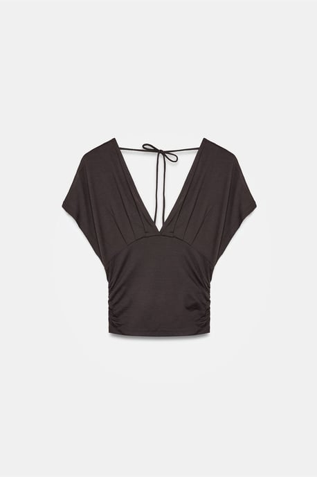 Schlanke Passform V-Ausschnitt Bluse mit Krawatten Detail - Image 5