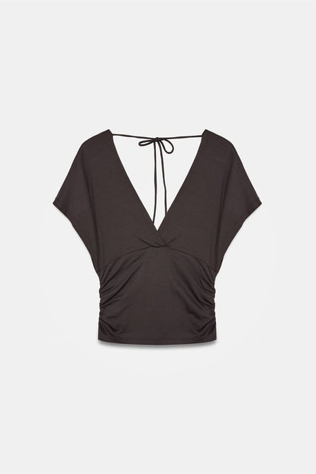 Schlanke Passform V-Ausschnitt Bluse mit Krawatten Detail - Image 6