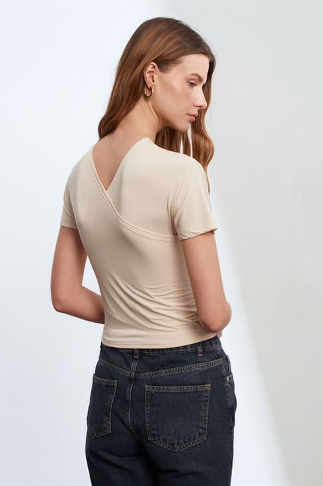 Schlanke Passform V-Ausschnitt Jersey-Bluse - Image 2