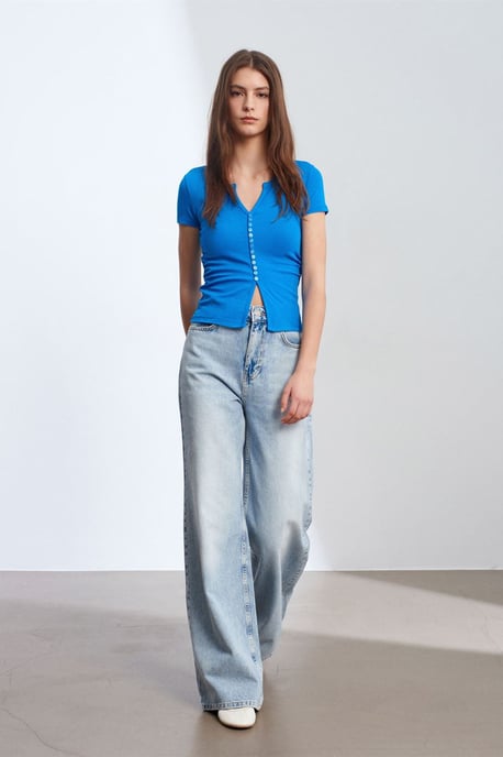 Slim Fit V-Ausschnitt Knöpfen Bluse - Image 4