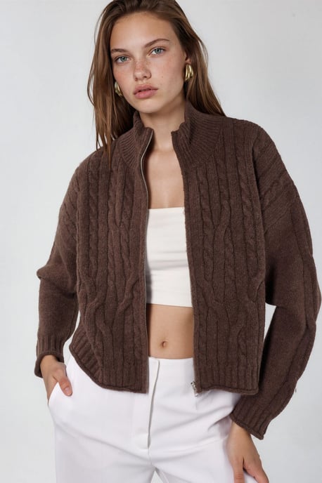 Crop Soft Touch Zip-Up Kabelstrick-Cardigan - Image 1