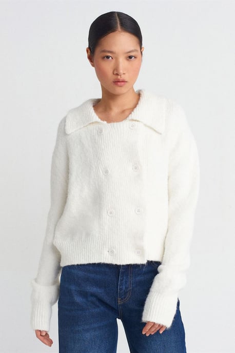 Dilvin Rippstrick-Cardigan mit Polokragen und Knopfleiste - Wollweiß - Image 1