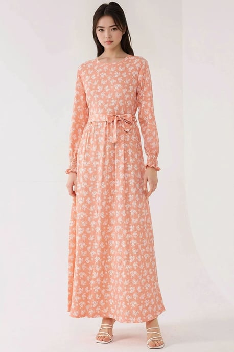 Blumendruck Maxi-Kleid mit langen Ärmeln und Gürtel - Image 1