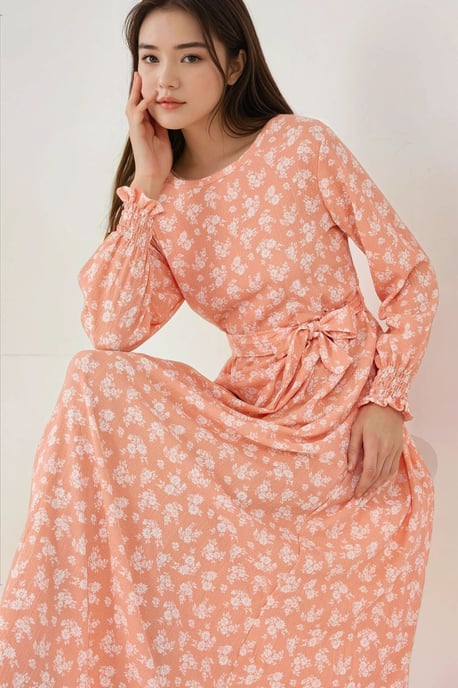 Blumendruck Maxi-Kleid mit langen Ärmeln und Gürtel - Image 2