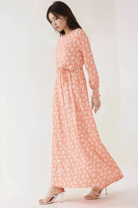 Blumendruck Maxi-Kleid mit langen Ärmeln und Gürtel - Image 4