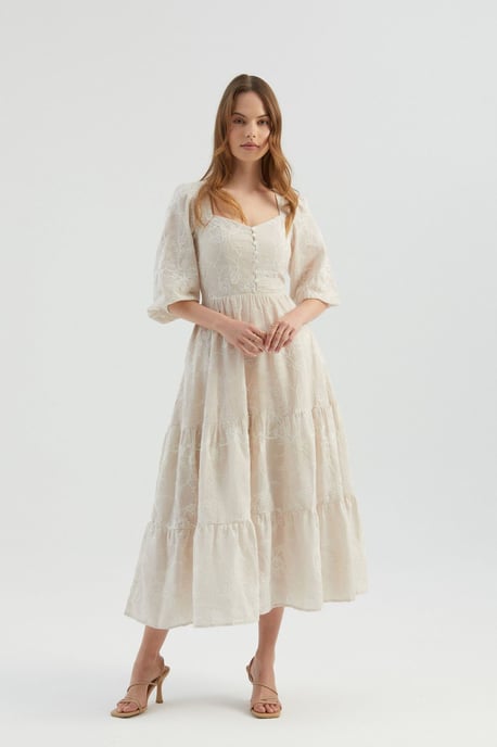 Gesticktes Sweetheart-Ausschnitt, gestuftes Maxikleid mit Puffärmel - Image 2