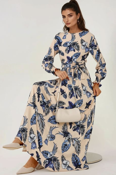 Blumendruck Rundhals Langarm Maxi Kleid - Image 1