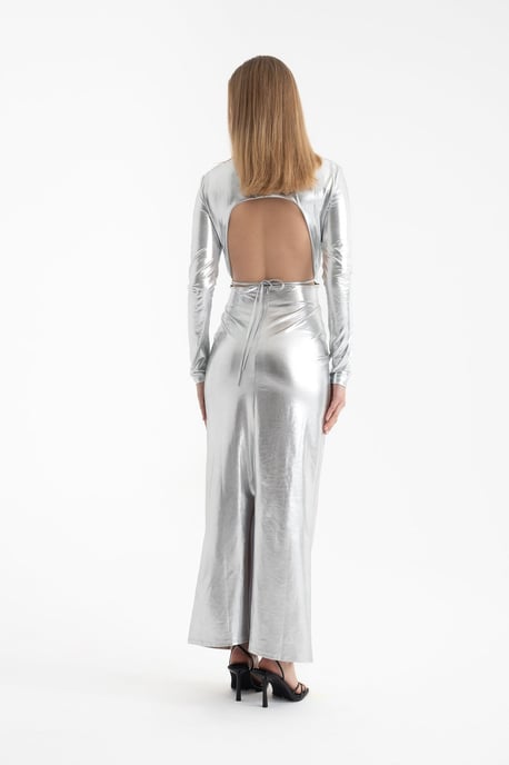 Metallic V-Ausschnitt Cut-Out Langarm-Maxi-Kleid - Image 2