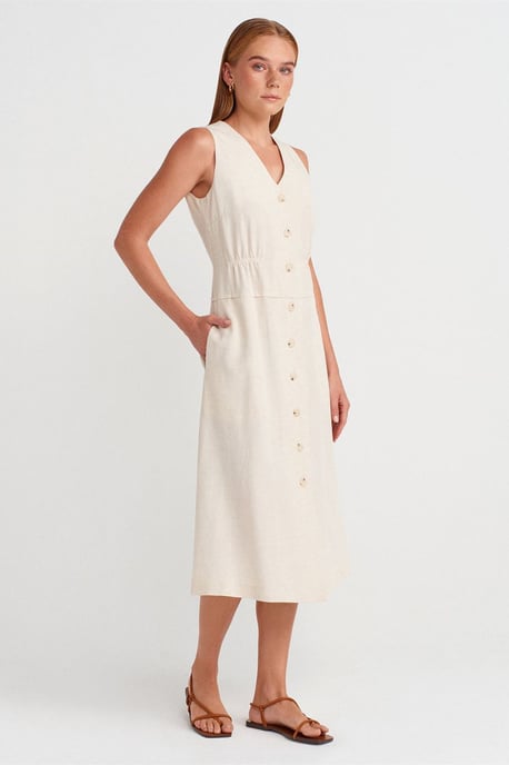 Ärmelloses Midi-Kleid mit V-Ausschnitt und Knöpfen - Image 4