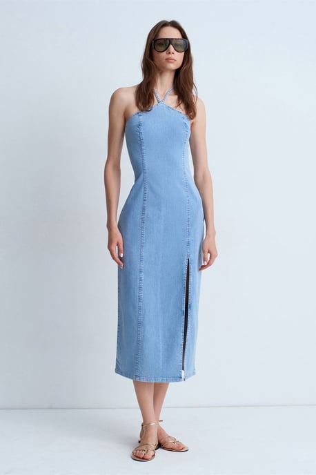 Halter Neck Midi Denim Kleid - Image 1