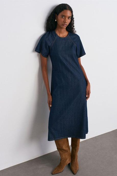 Baumwoll-Denim Midi A-Linie Kleid - Image 3
