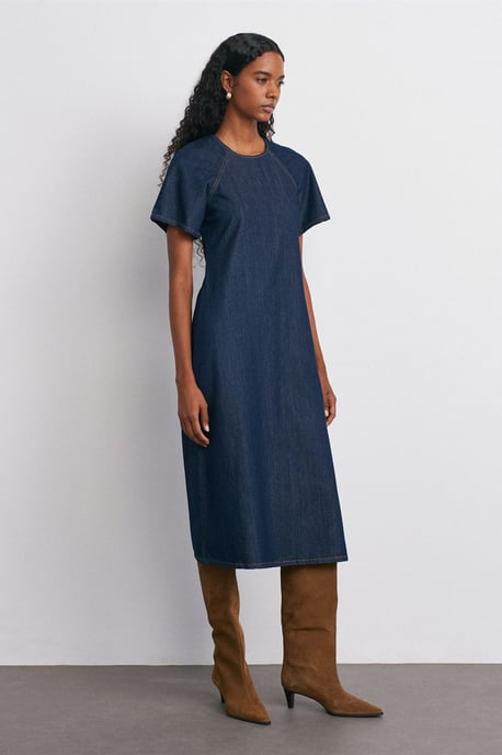 Baumwoll-Denim Midi A-Linie Kleid - Image 5