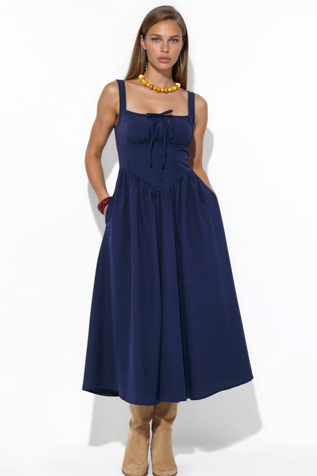 Midi-Kleid mit quadratischem Kragen und Knopfdetails - Image 1