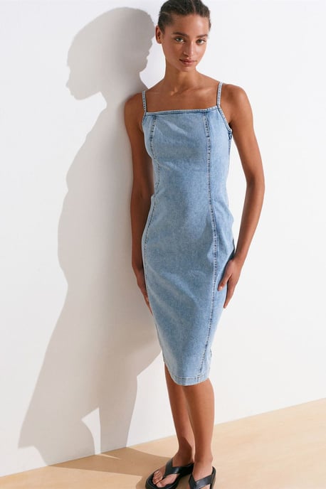 Figurbetontes Midi-Denimkleid mit quadratischem Ausschnitt - Image 1