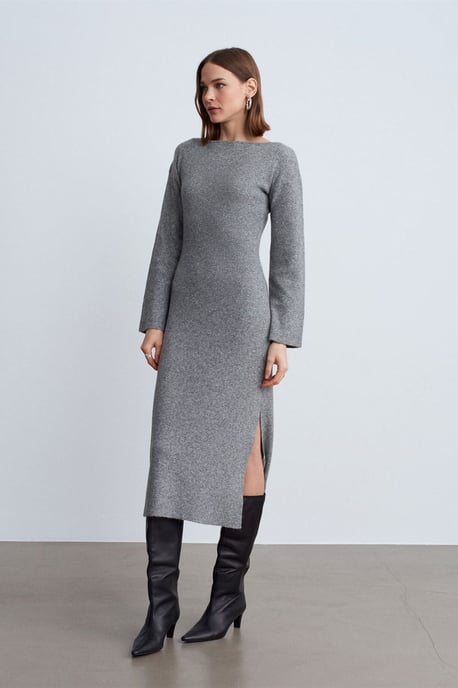 Rippstrick Bodycon Midi Kleid mit Schlitz - Image 1