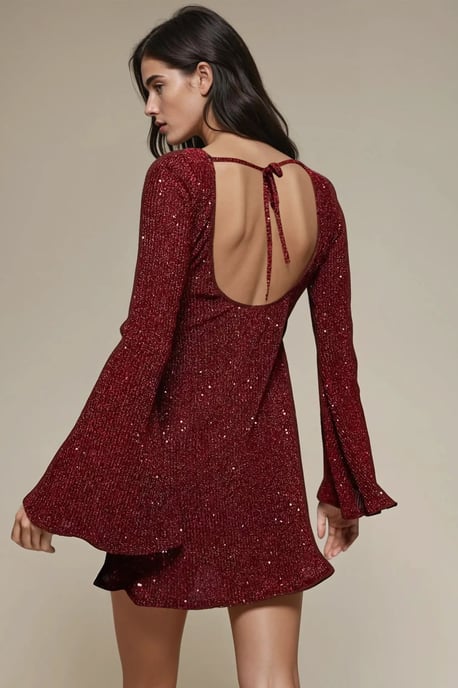 Burgunderfarbenes Mini-Pailletten-Kleid mit Engelärmeln - Image 2
