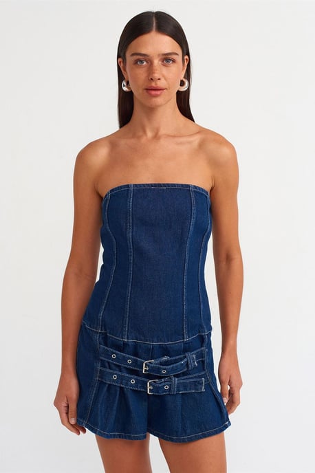 Trägerloses Mini-Denimkleid mit Gürtel - Image 1