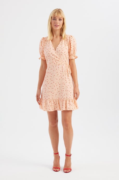 Blumiges V-Ausschnitt Rüschenshirt-Kleid mit kurzen Ärmeln - Image 1