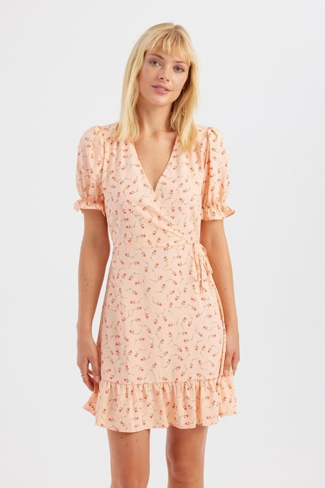 Blumiges V-Ausschnitt Rüschenshirt-Kleid mit kurzen Ärmeln - Image 3