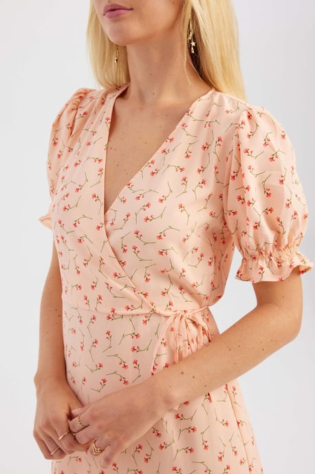 Blumiges V-Ausschnitt Rüschenshirt-Kleid mit kurzen Ärmeln - Image 5