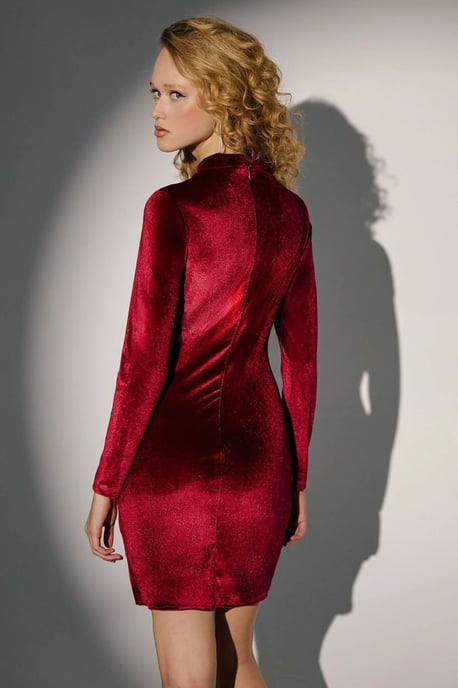 Accessoires Detail Crew Neck Bodycon Samt Mini Kleid - Image 5