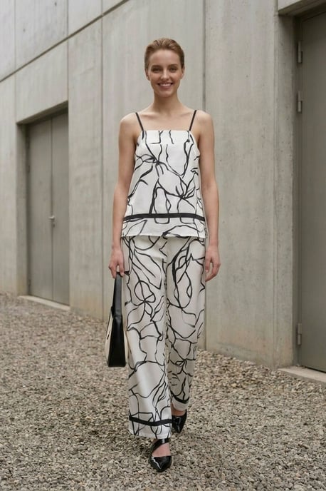 Abstract Satin-Trägerlose Bluse und Hose mit weitem Bein Set - Image 6