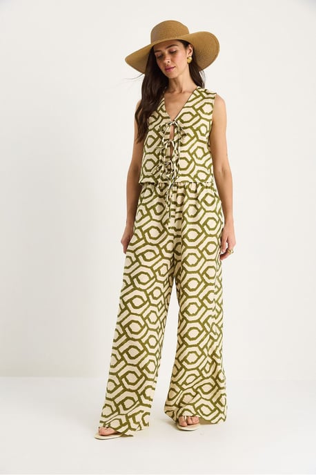 Geometrisches V-Ausschnitt Langarm-Tunika und Weite Hose Set - Image 3