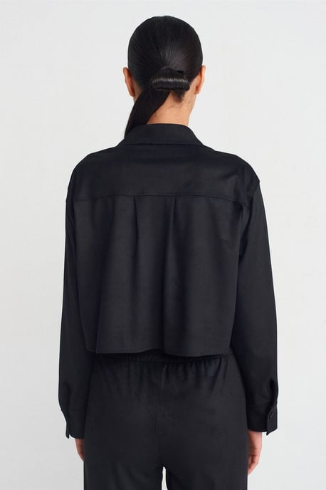 Damen geschnittenes Faux-Suede Knopfhemd - Image 2