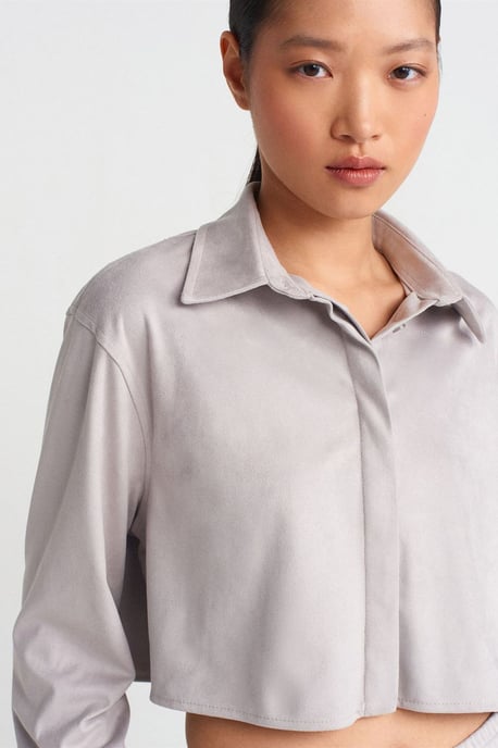 Damen Kurz geschnittenes Faux-Suede Knopfs Hemd - Image 4
