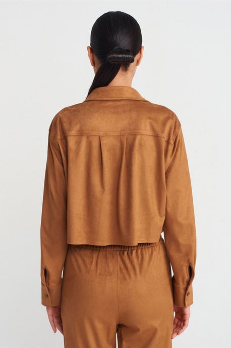 Damen Kurz geschnittenes Faux-Suede Knopfhemd - Image 2