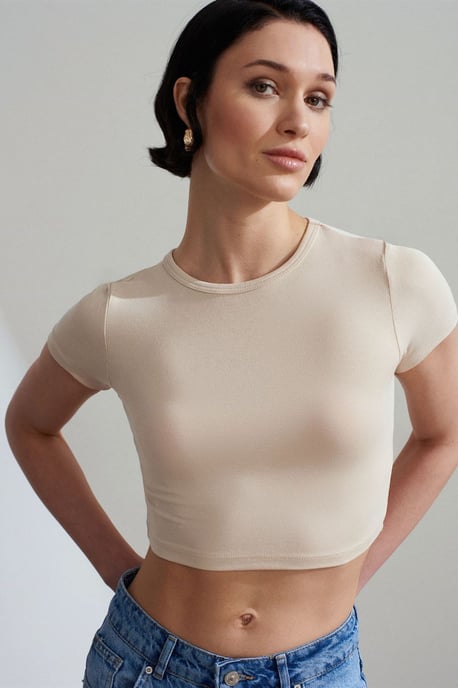 Damen Crop Slim-Fit Rundhalsausschnitt T-Shirt - Image 2