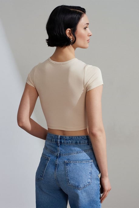 Damen Crop Slim-Fit Rundhalsausschnitt T-Shirt - Image 3