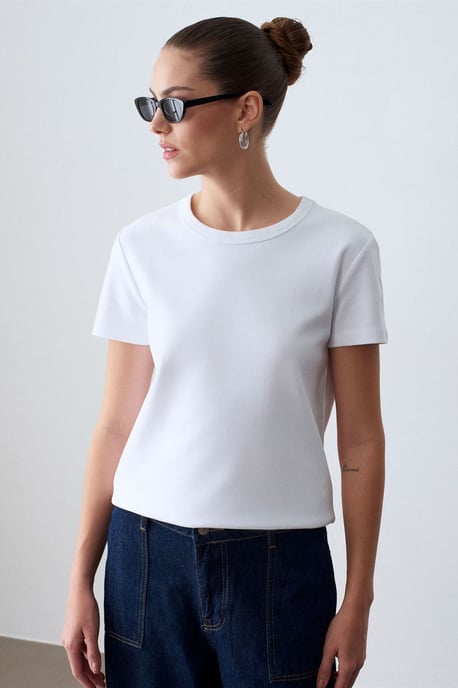 Damen Unifarbene Rundhalsausschnitt T-Shirt - Image 2