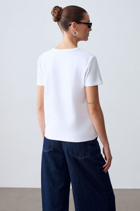 Damen Unifarbene Rundhalsausschnitt T-Shirt - Image 3